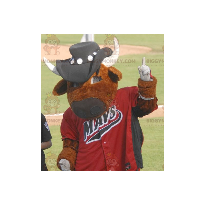 Ruskea lehmä BIGGYMONKEY™ maskottiasu urheiluasussa ja hattu -