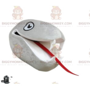 Harmaa Snake BIGGYMONKEY™ maskotti-asun pää, jossa isot hampaat