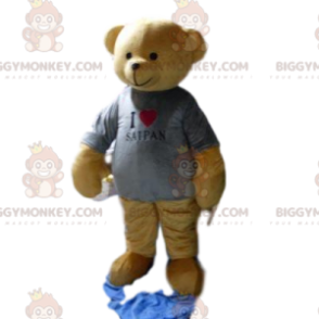 Brown Bear Cub BIGGYMONKEY™ maskottiasu harmaalla T-paidalla -