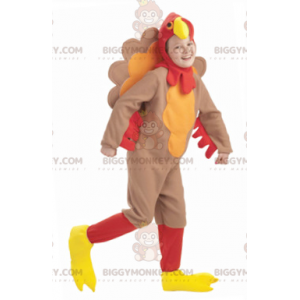 BIGGYMONKEY™ bruin rood en geel kalkoen mascotte kostuum -