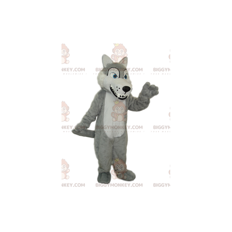 Big Teeth Grey and White Wolf BIGGYMONKEY™ Maskottchenkostüm -