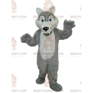 Costume da mascotte BIGGYMONKEY™ lupo grigio e bianco con denti