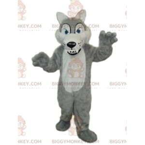 Grote tanden grijze en witte wolf BIGGYMONKEY™ mascottekostuum