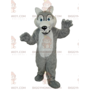 Kostým maskota BIGGYMONKEY™ s velkými zuby šedého a bílého vlka
