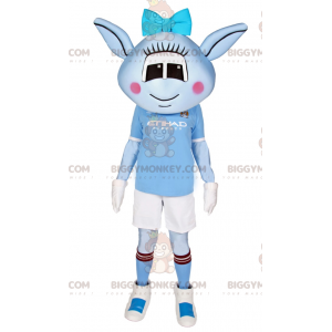 BIGGYMONKEY™ Alien blauw mascottekostuum met blauwe strik en