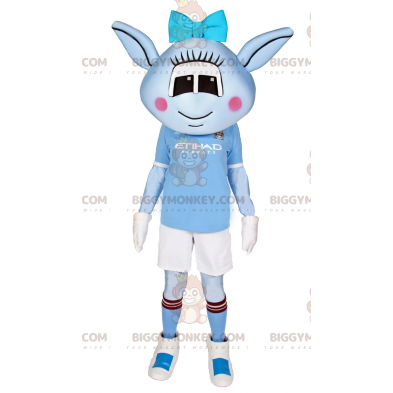 BIGGYMONKEY™ Alien Blue Mascot Costume with Blue Bow and Soccer