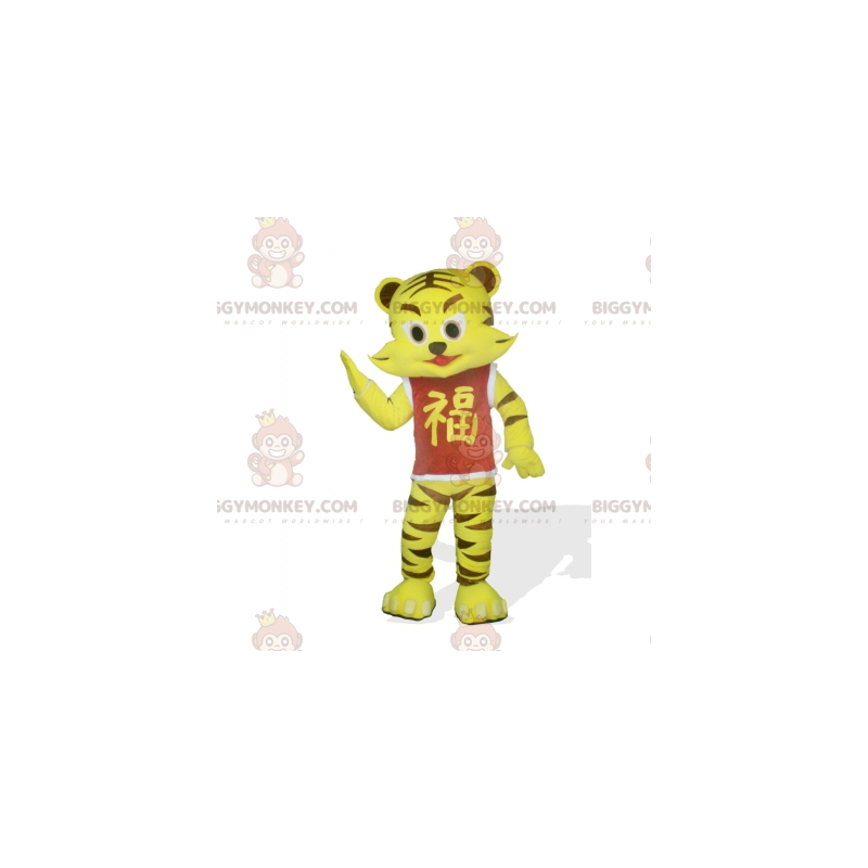 BIGGYMONKEY™ maskotdräkt av gul och brun tigerunge med röd