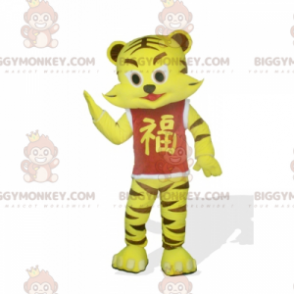 BIGGYMONKEY™ maskotdräkt av gul och brun tigerunge med röd