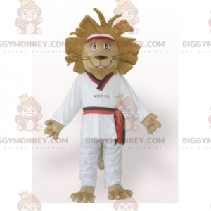 BIGGYMONKEY™ Maskotdräkt Brunt lejon i vit kimono - BiggyMonkey