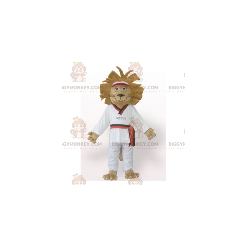 BIGGYMONKEY™ Maskotdräkt Brunt lejon i vit kimono - BiggyMonkey