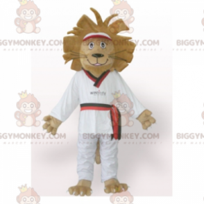 Costume de mascotte BIGGYMONKEY™ de lion marron en kimono blanc