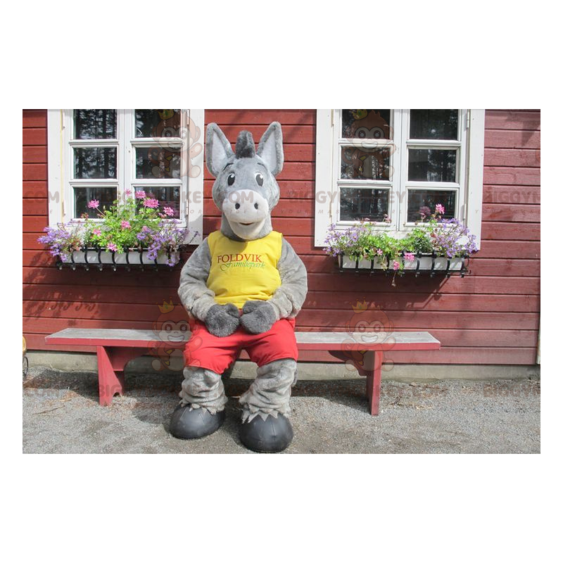 BIGGYMONKEY™ Mascot Costume of Gray Donkey in Yellow and Red