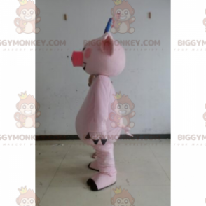 BIGGYMONKEY™ Farm Animal Mascot Costume - Pig with Blue Bow –