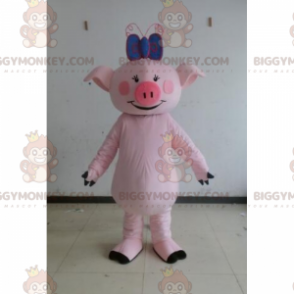 BIGGYMONKEY™ Farm Animal Mascot Costume - Pig with Blue Bow –