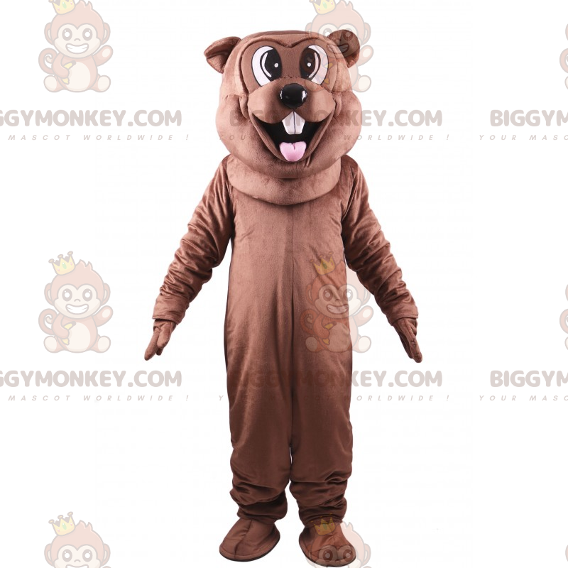 Kostým maskota BIGGYMONKEY™ hnědého bobra s vyplazeným jazykem