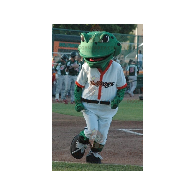 BIGGYMONKEY™ Mascot Costume Green Frog In White Baseball Outfit