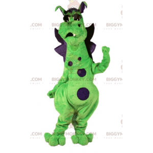 Roztomilý a barevný kostým maskota zeleného a fialového draka