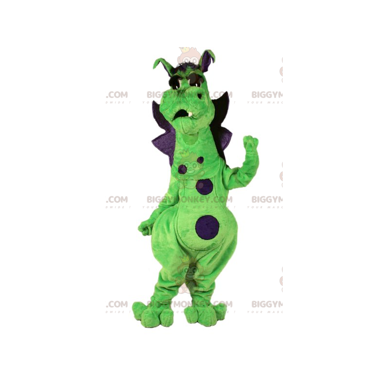 Bonito y colorido disfraz de mascota dragón verde y morado