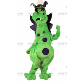 Bonito y colorido disfraz de mascota dragón verde y morado