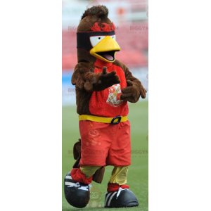 Disfraz de mascota pájaro marrón amarillo rojo BIGGYMONKEY™ -