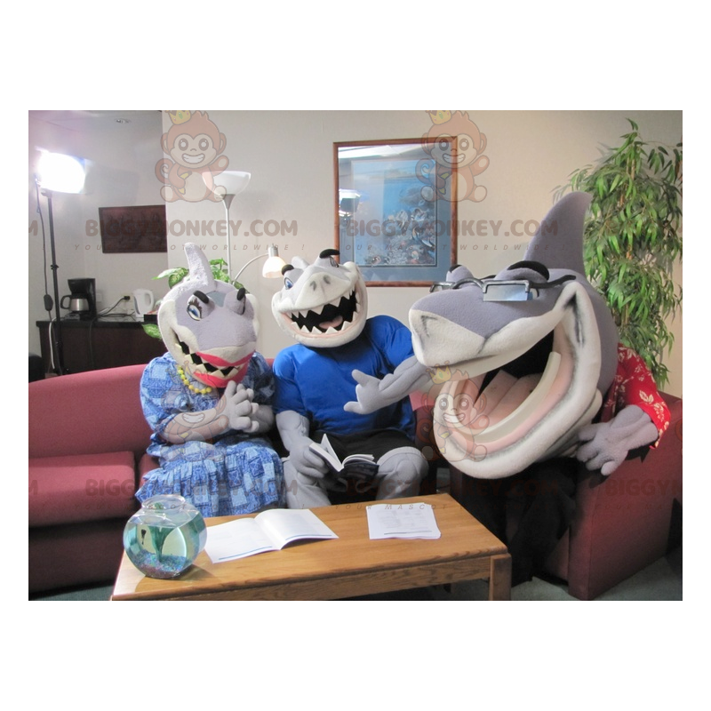 3 mascottes BIGGYMONKEY™ de requins gris et blancs très