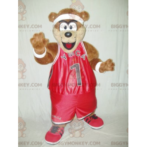 Brown Teddy BIGGYMONKEY™ Mascot Costume in Red Sportswear -