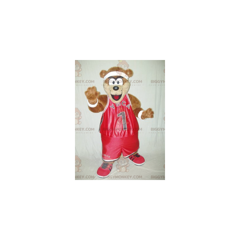 Ruskea Teddy BIGGYMONKEY™ maskottiasu punaisessa urheiluasussa