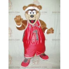 Brown Teddy BIGGYMONKEY™ Mascot Costume in Red Sportswear -