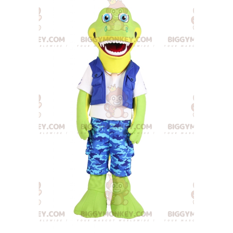 Traje de mascote de crocodilo sorridente BIGGYMONKEY™ em shorts