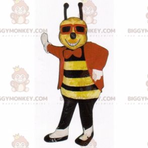 Bee BIGGYMONKEY™ maskottiasu, jossa takki ja mustat lasit -