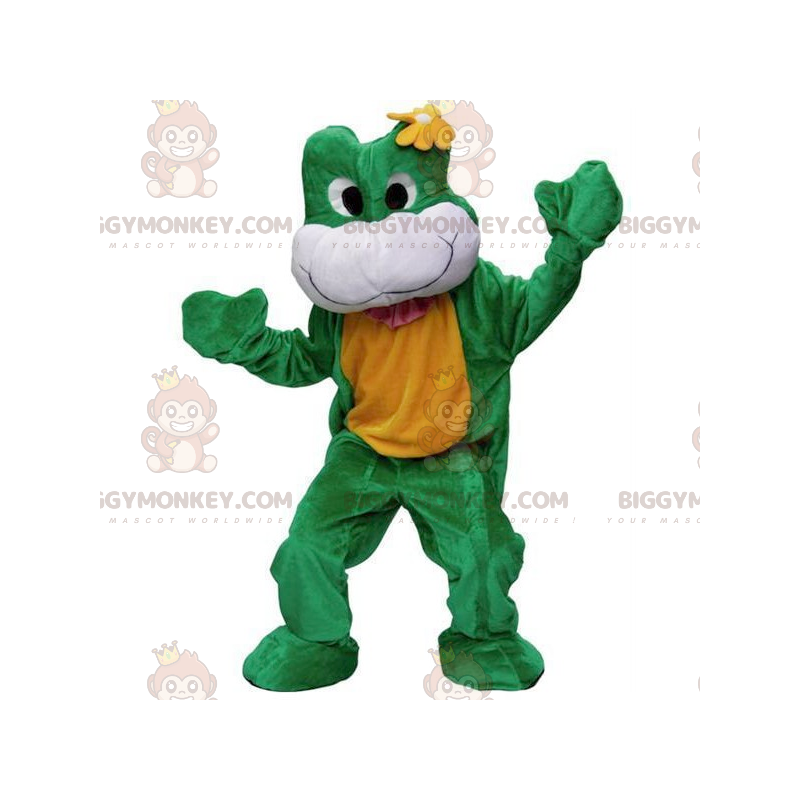 Zeleno-bílá a žlutá žába kostým maskota BIGGYMONKEY™ –