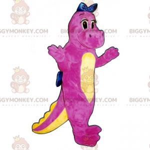 BIGGYMONKEY™ Mascot Costume Cute Pink Dinosaur with Blue Bow -
