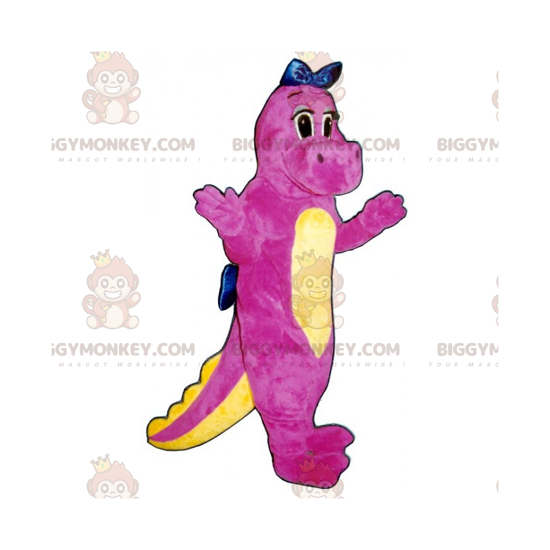 BIGGYMONKEY™ Mascot Costume Cute Pink Dinosaur with Blue Bow –