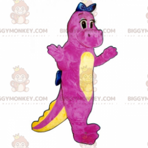 Traje de mascote BIGGYMONKEY™ lindo dinossauro rosa com laço