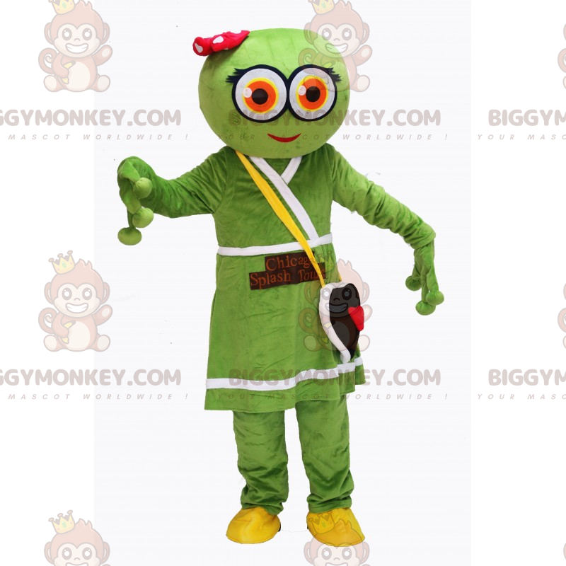 Alien BIGGYMONKEY™ maskotdräkt med klänning och hjärtväska -