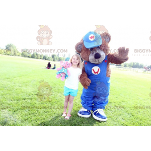 Bruin Teddy BIGGYMONKEY™ mascottekostuum met blauwe overall -