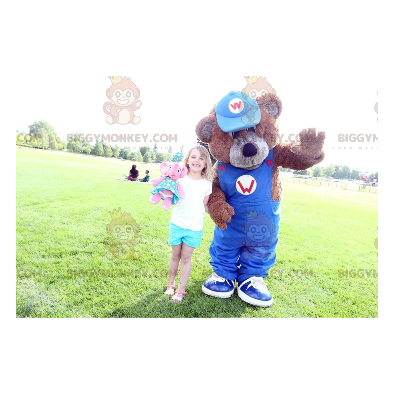 Brown Teddy BIGGYMONKEY™ Mascot Costume with Blue Overalls -