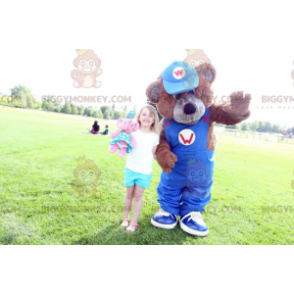Brown Teddy BIGGYMONKEY™ Mascot Costume with Blue Overalls –