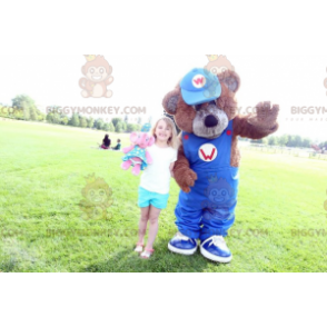 Bruin Teddy BIGGYMONKEY™ mascottekostuum met blauwe overall -