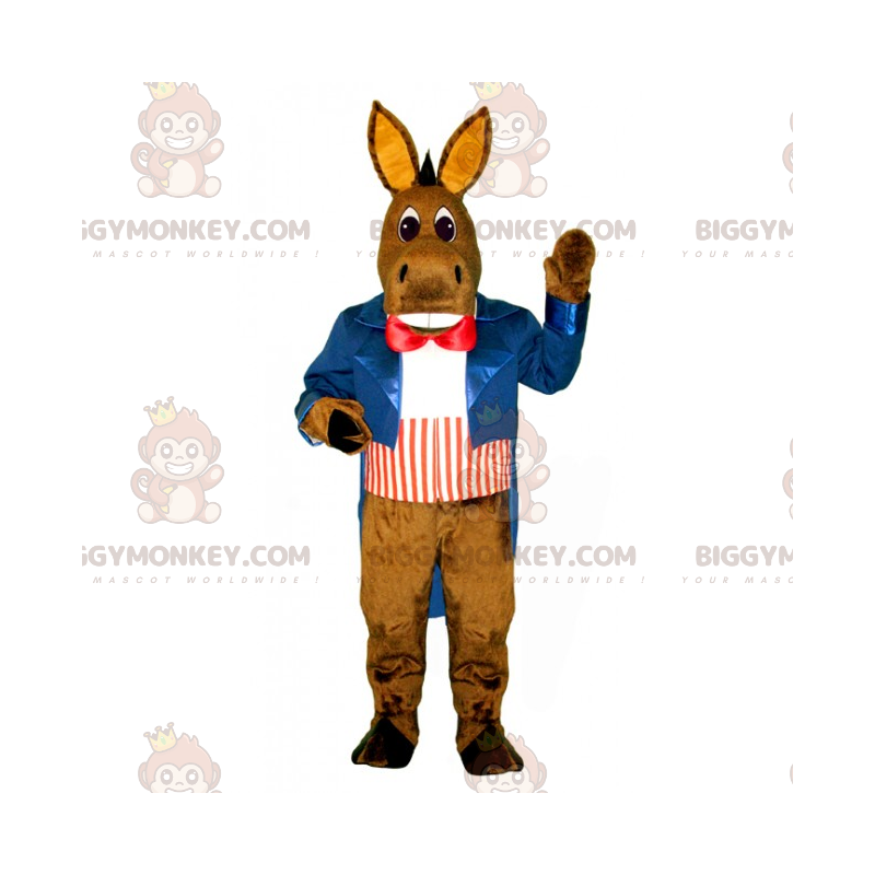 Donkey BIGGYMONKEY™ Mascot Costume with Blue Jacket and Red Bow