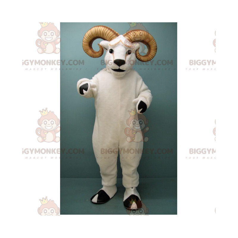 Großer gehörnter weißer Widder BIGGYMONKEY™ Maskottchen-Kostüm