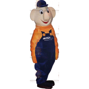 Snemand BIGGYMONKEY™ maskotkostume med blå overalls og orange