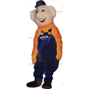 Snemand BIGGYMONKEY™ maskotkostume med blå overalls og orange