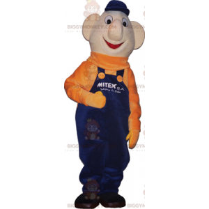 Snemand BIGGYMONKEY™ maskotkostume med blå overalls og orange