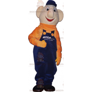 Sneeuwman BIGGYMONKEY™ mascottekostuum met blauwe overall en