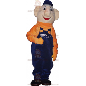 Snögubbe BIGGYMONKEY™ maskotdräkt med blå overall och orange