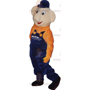 Lumiukko BIGGYMONKEY™ maskottiasu, jossa on sininen haalari ja
