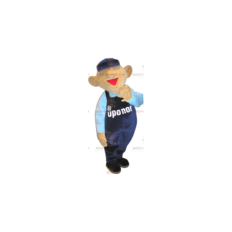Snowman BIGGYMONKEY™ Mascot Costume with Blue Overalls and Cap