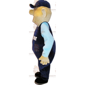 Lumiukko BIGGYMONKEY™ maskottiasu, jossa sininen haalari ja