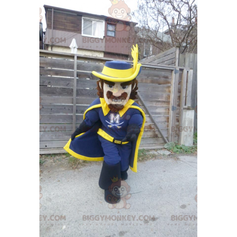 Traje de mascote mosqueteiro azul e amarelo BIGGYMONKEY™ –